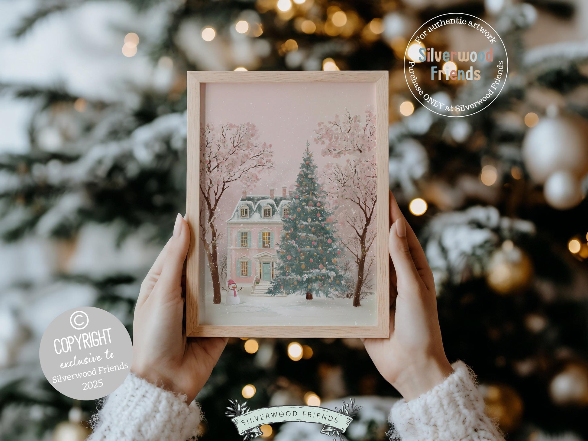 Pastel Pink Snowman Print, Christmas Village Printable Wall Art, Festive Cottagecore Farmhouse Holiday Decor Digital Print
