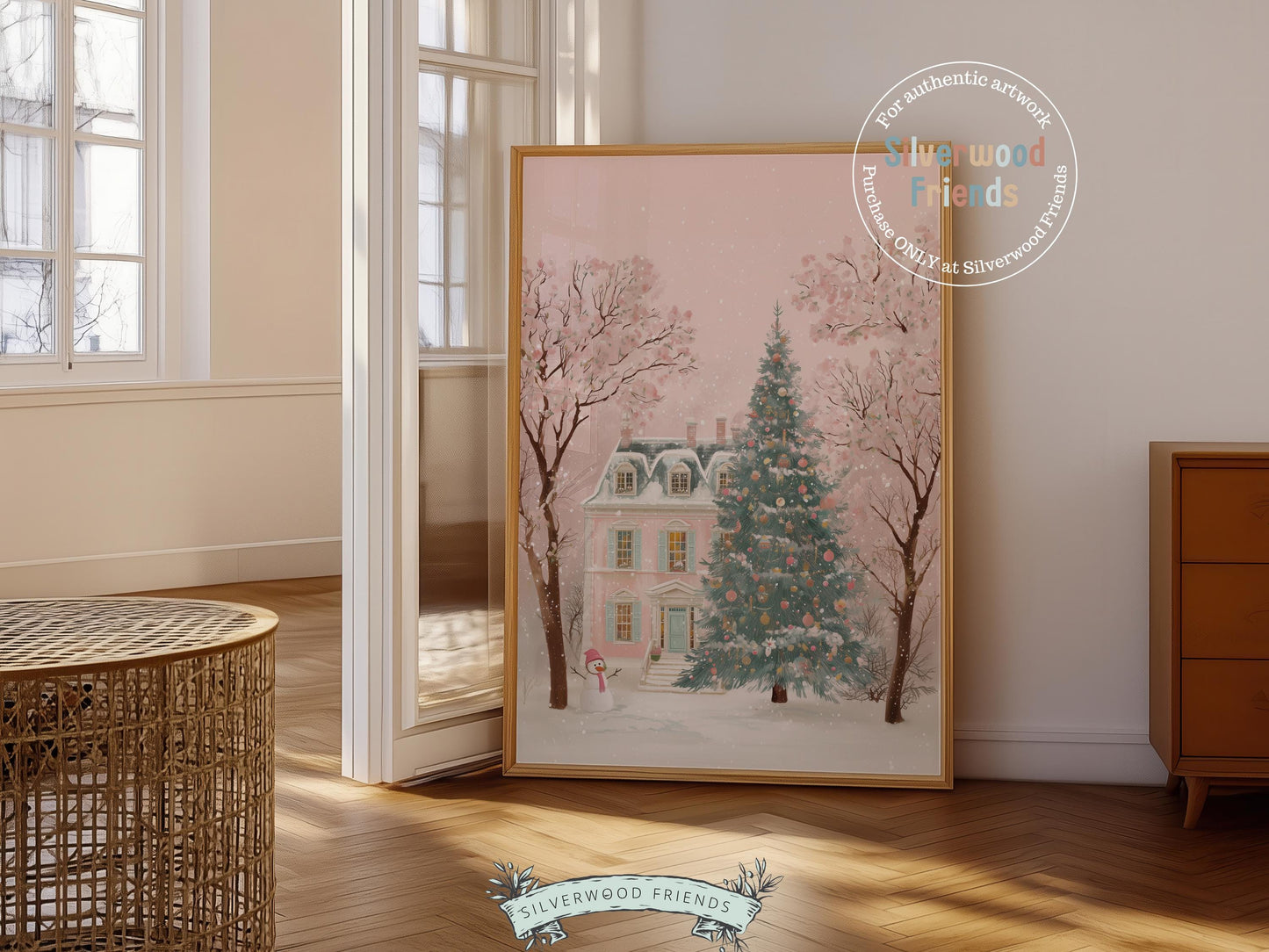 Pastel Pink Snowman Print, Christmas Village Printable Wall Art, Festive Cottagecore Farmhouse Holiday Decor Digital Print