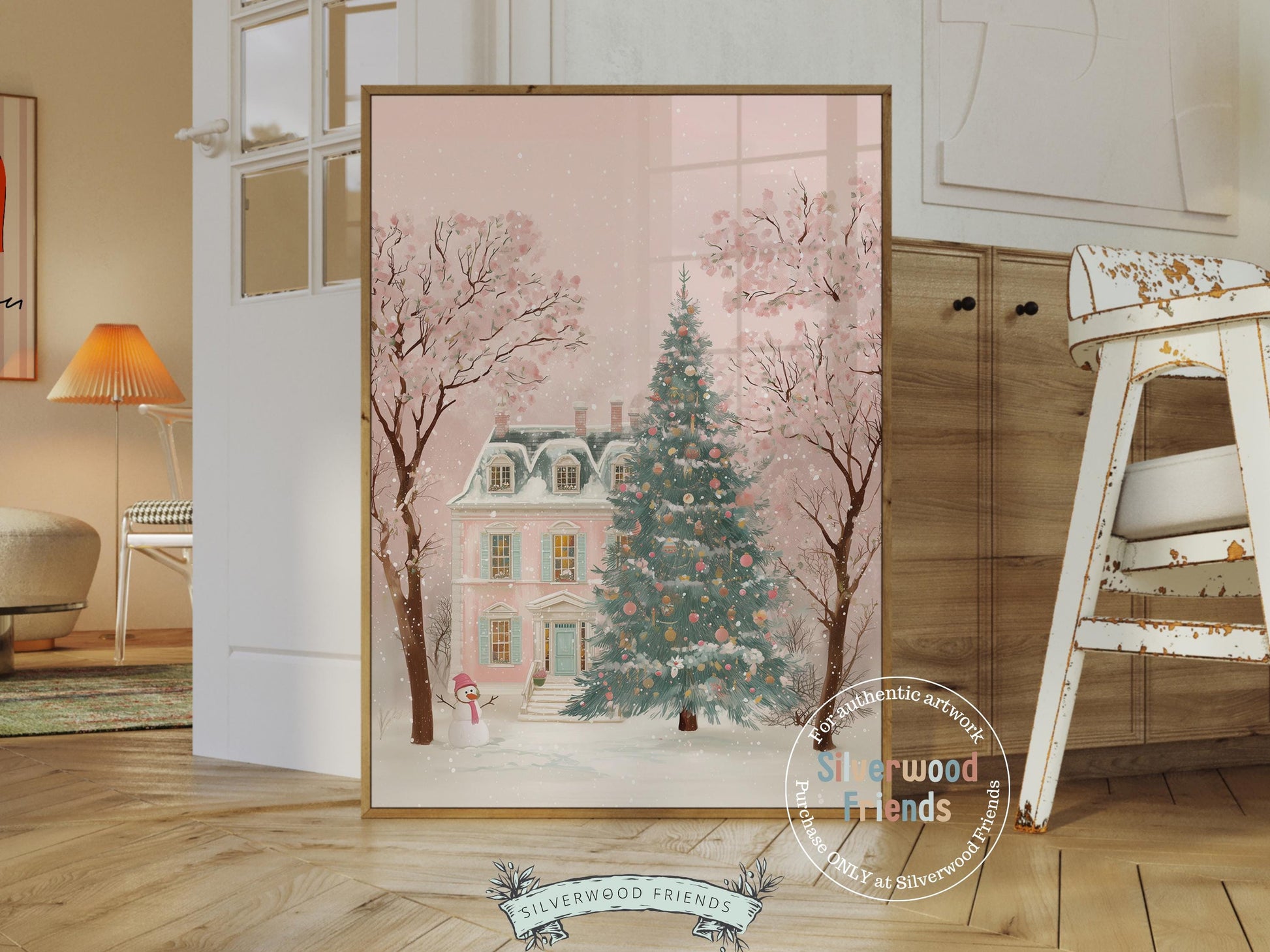 Pastel Pink Snowman Print, Christmas Village Printable Wall Art, Festive Cottagecore Farmhouse Holiday Decor Digital Print