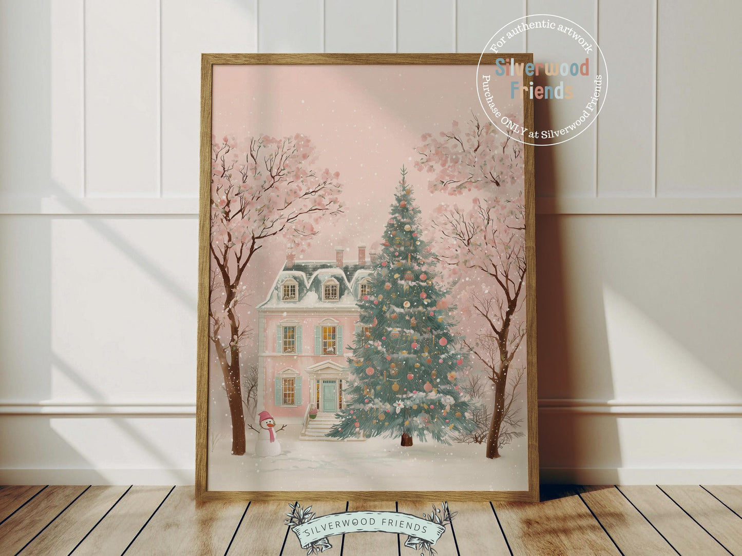 This charming pastel Christmas print features a pink and green house surrounded by freshly fallen snow, with a cheerful snowman adding a touch of whimsy out front. Soft watercolor tones and gentle holiday hues make this piece a perfect addition to cozy winter décor or a festive nursery wall.
