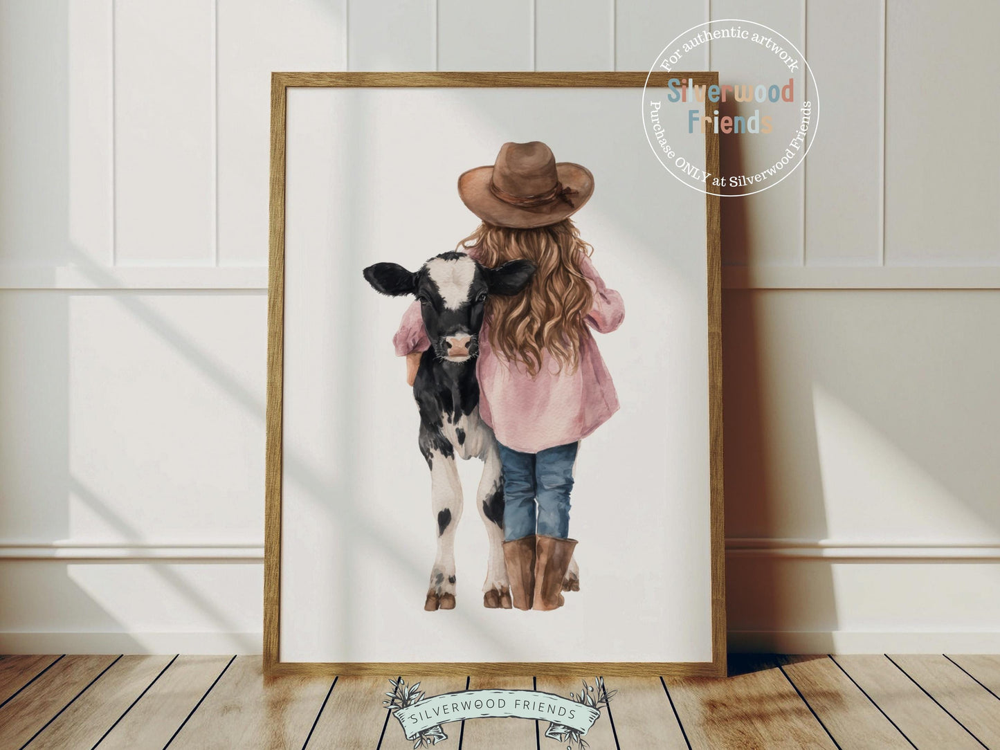 Wrangle up some rustic charm with our Cowgirl Nursery Print, featuring a sweet little cowgirl sharing a tender moment with her black and white cow. Perfect for a western-themed nursery, this heartwarming artwork adds a touch of countryside magic and makes a cherished baby shower gift!