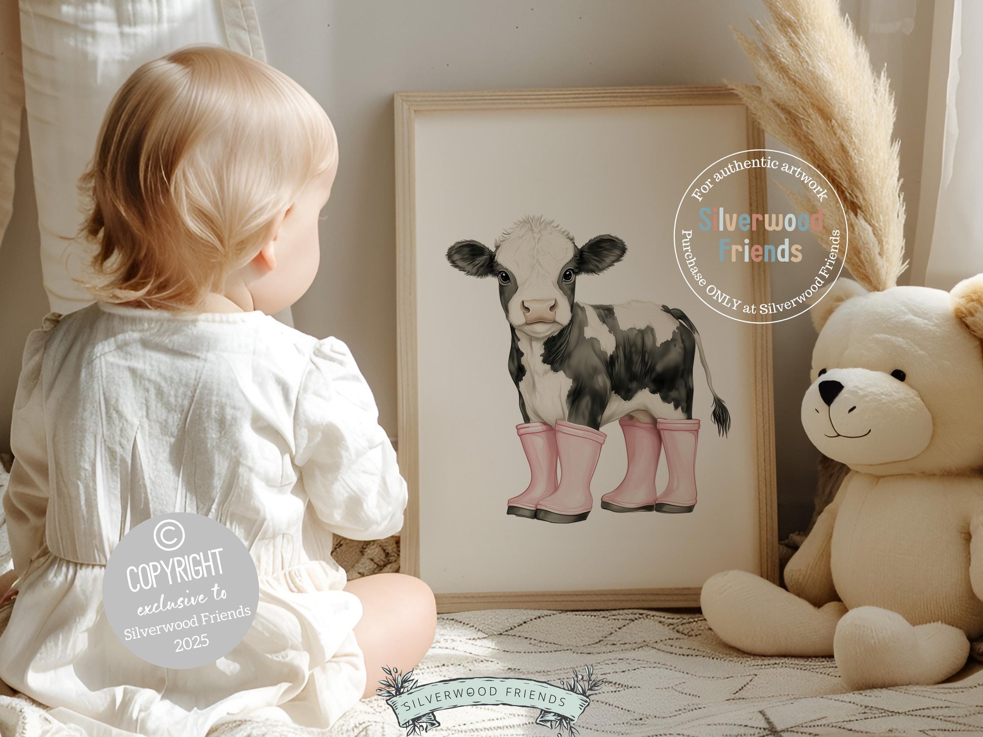 Cow Nursery Print, Pink Cow Nursery Decor, Black and White Holstein Friesian Cow Picture, Cowgirl Western Nursery Decor Digital Print