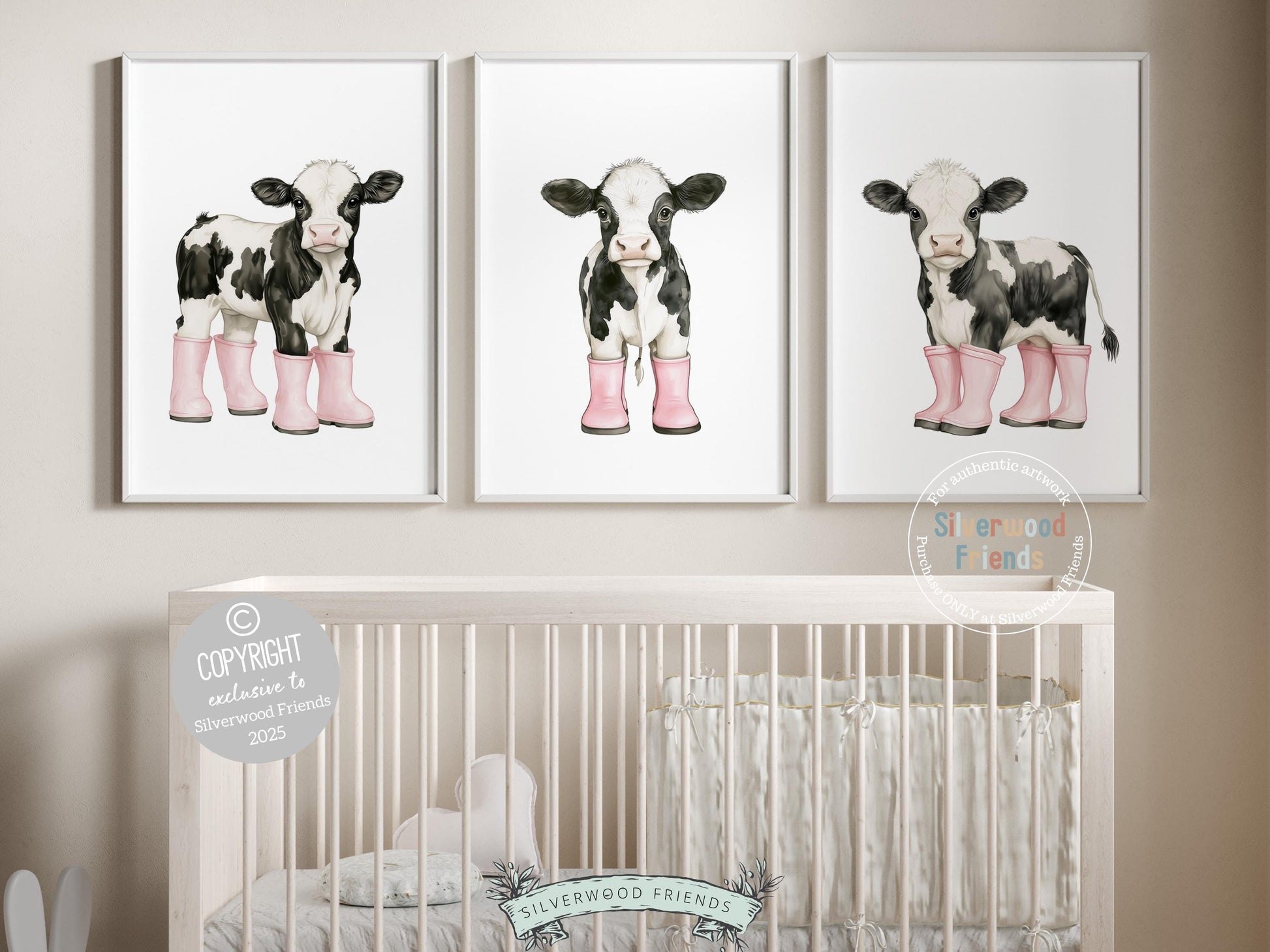Cow Nursery Print, Pink Cow Nursery Decor, Black and White Holstein Friesian Cow Picture, Cowgirl Western Nursery Decor Digital Print