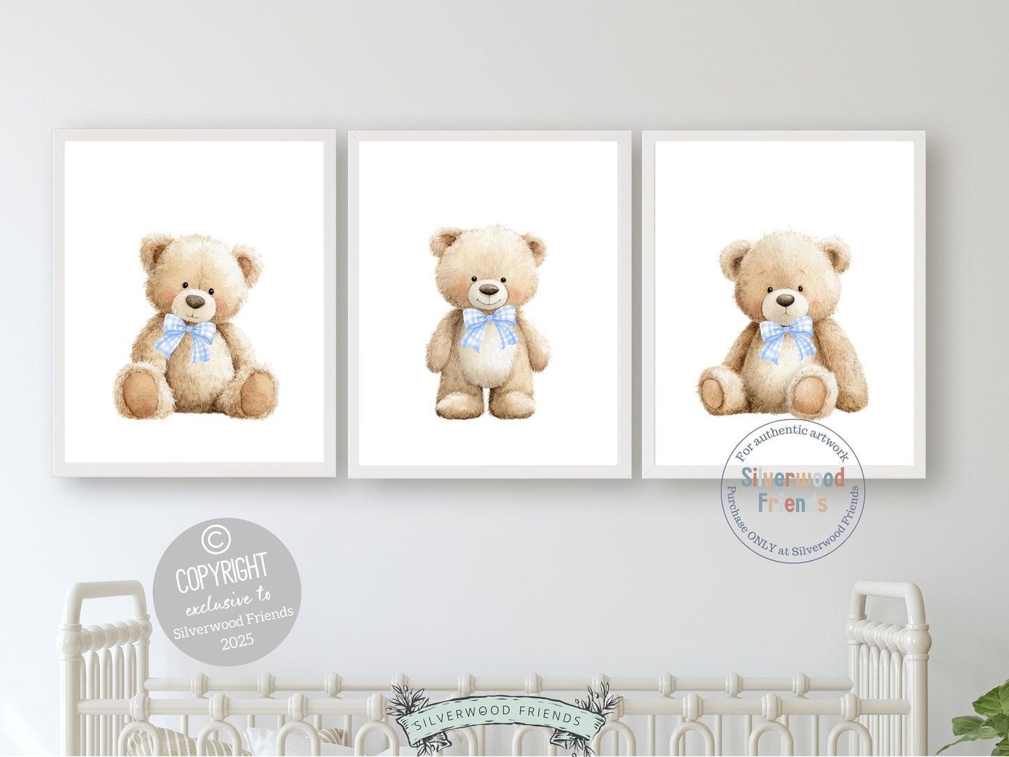 Teddy Bear Nursery Prints, Baby Boy Woodland Teddy Bear Nursery Decor, Teddy Bear Blue Bow Nursery Wall Art Digital Print