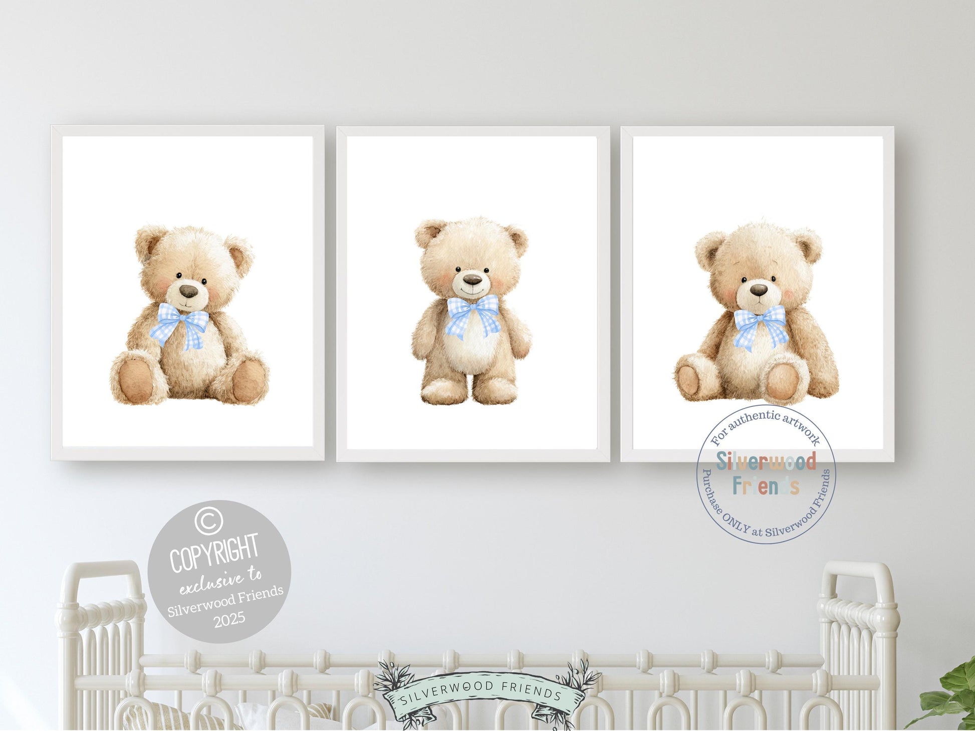Teddy Bear Nursery Prints, Baby Boy Woodland Teddy Bear Nursery Decor, Teddy Bear Blue Bow Nursery Wall Art Digital Print
