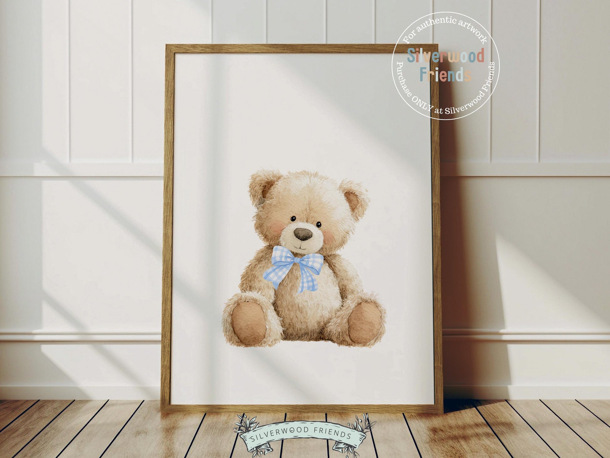 Teddy Bear Nursery Prints, Baby Boy Woodland Teddy Bear Nursery Decor, Teddy Bear Blue Bow Nursery Wall Art Digital Print