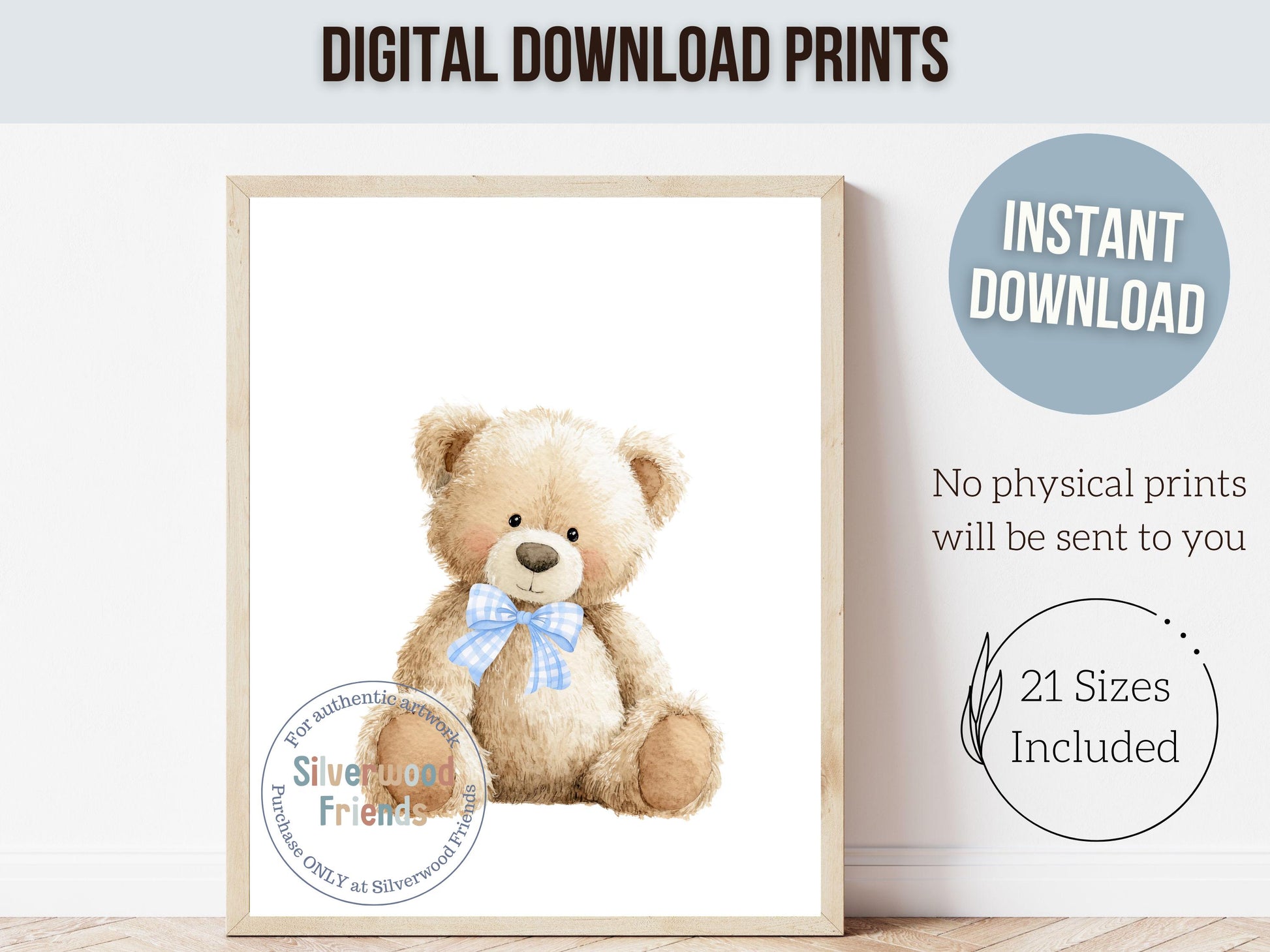 Teddy Bear Nursery Prints, Baby Boy Woodland Teddy Bear Nursery Decor, Teddy Bear Blue Bow Nursery Wall Art Digital Print