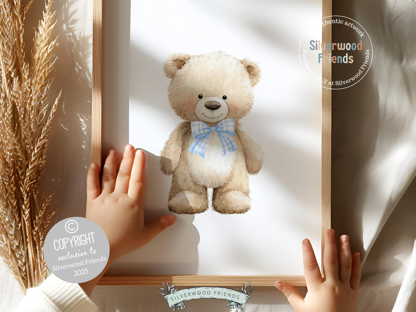 Teddy Bear Nursery Prints, Baby Boy Woodland Teddy Bear Nursery Decor, Teddy Bear Blue Bow Nursery Wall Art Digital Print