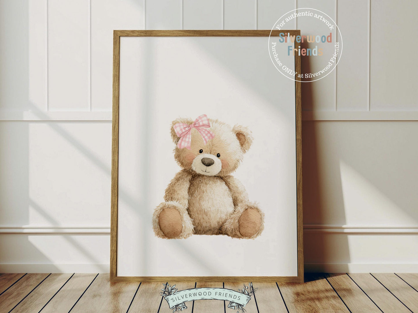 Teddy Bear Nursery Prints, Baby Girl Woodland Teddy Bear Nursery Decor, Teddy Bear Pink Gingham Bow Nursery Wall Art Digital Print