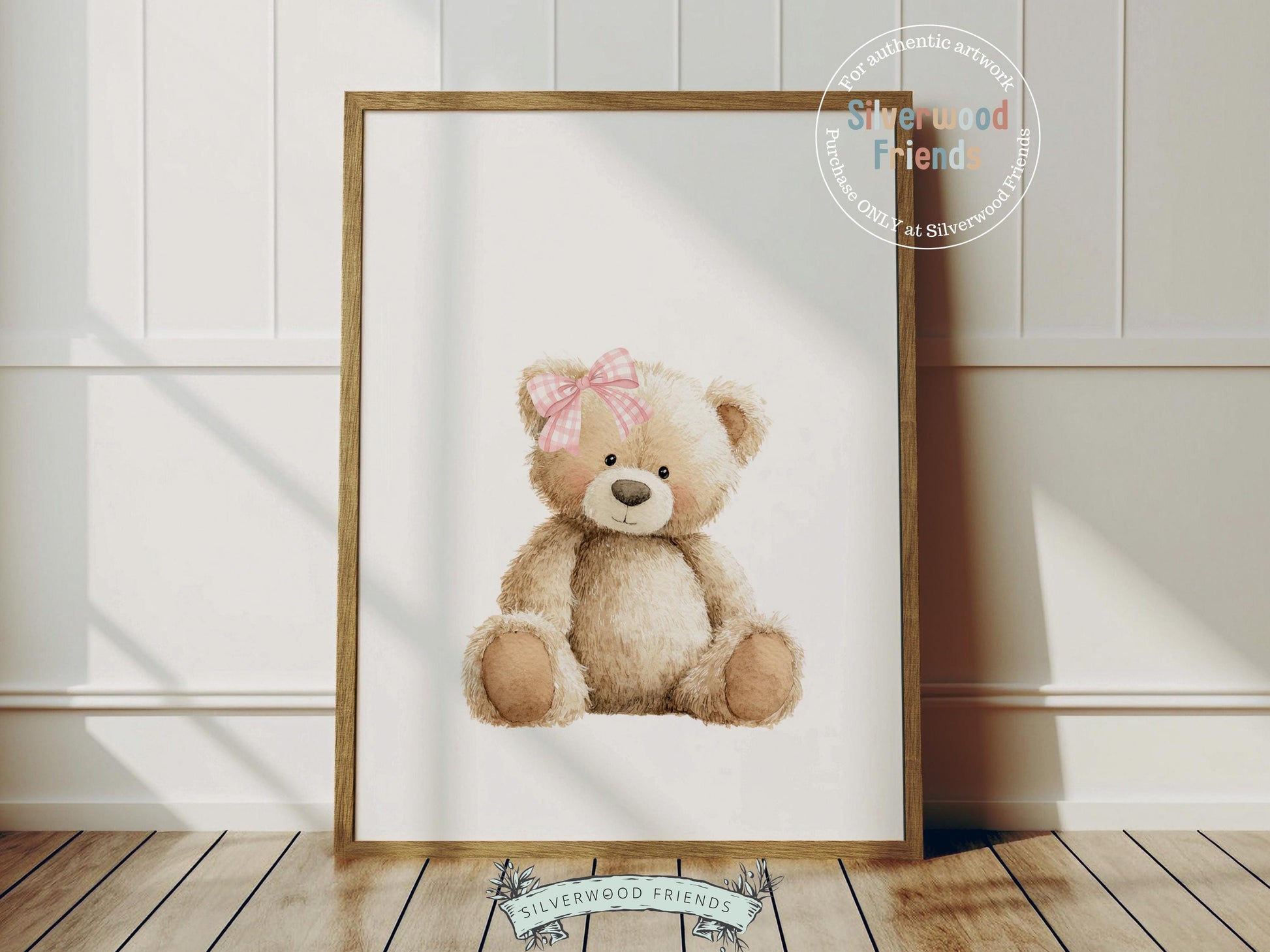 Teddy Bear Nursery Prints, Baby Girl Woodland Teddy Bear Nursery Decor, Teddy Bear Pink Gingham Bow Nursery Wall Art Digital Print