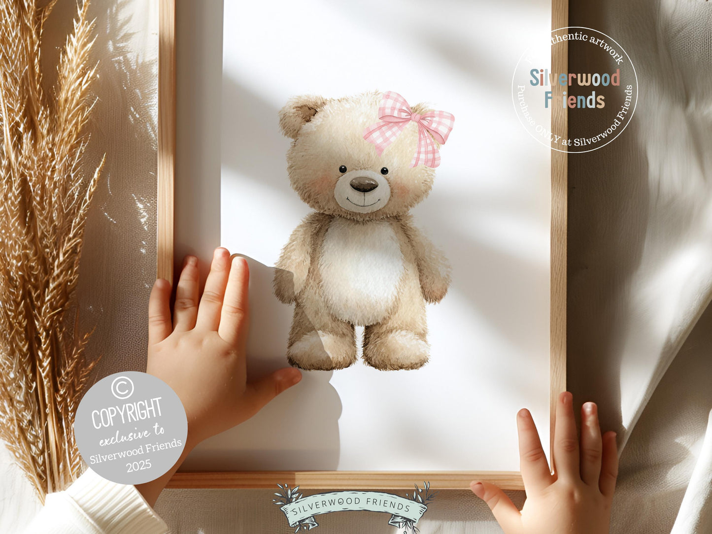 Teddy Bear Nursery Prints, Baby Girl Woodland Teddy Bear Nursery Decor, Teddy Bear Pink Gingham Bow Nursery Wall Art Digital Print