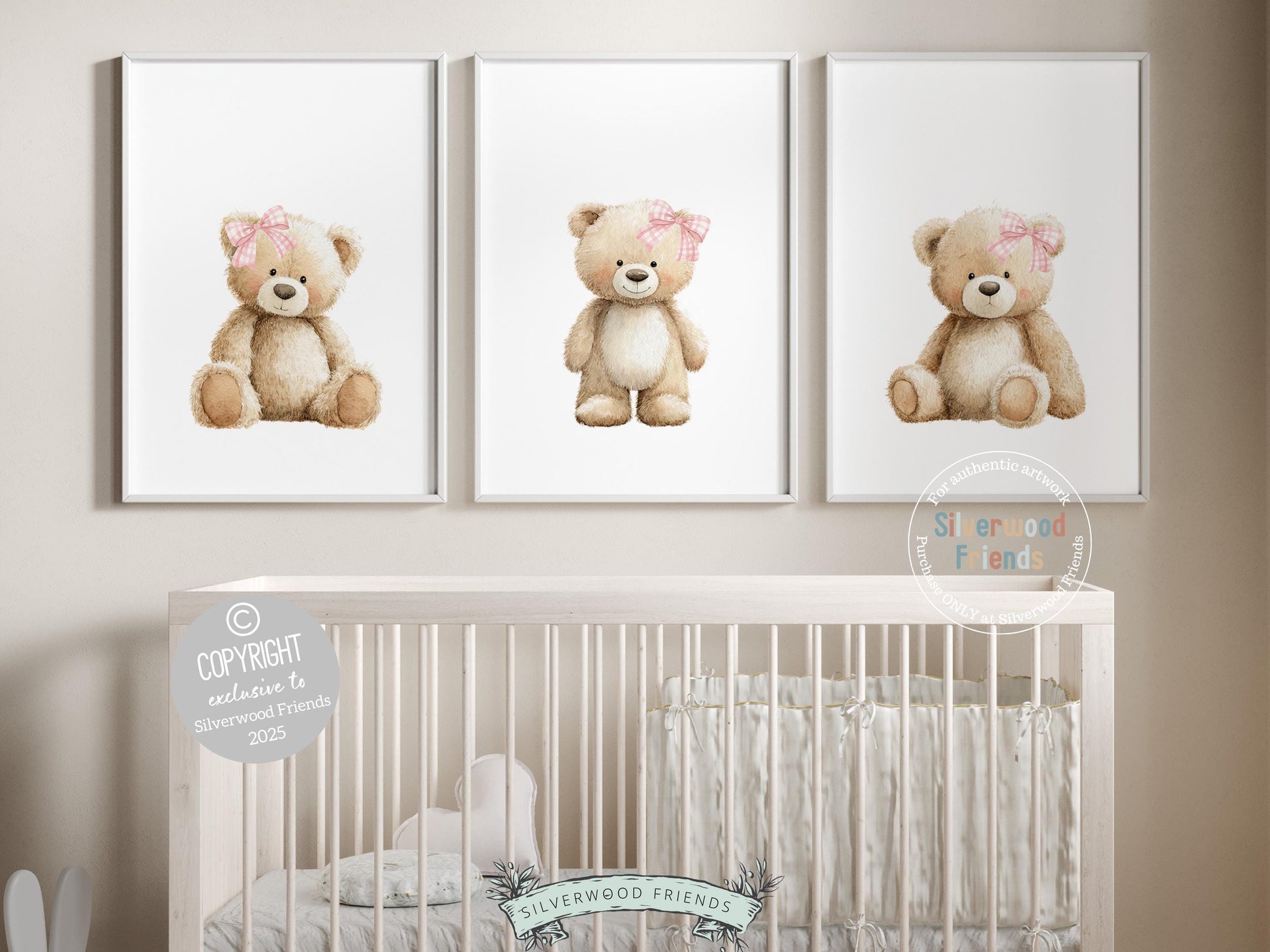 Teddy Bear Nursery Prints, Baby Girl Woodland Teddy Bear Nursery Decor, Teddy Bear Pink Gingham Bow Nursery Wall Art Digital Print