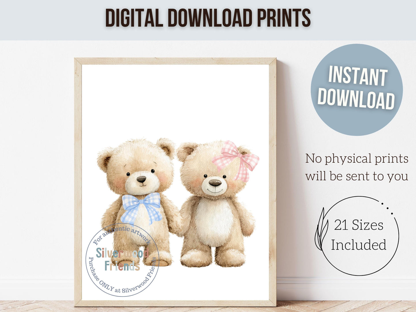 Teddy Bear Nursery Prints, Twin Sibling Woodland Teddy Bear Nursery Decor, Teddy Bear Twins Nursery Wall Art Neutral Nursery Digital Print