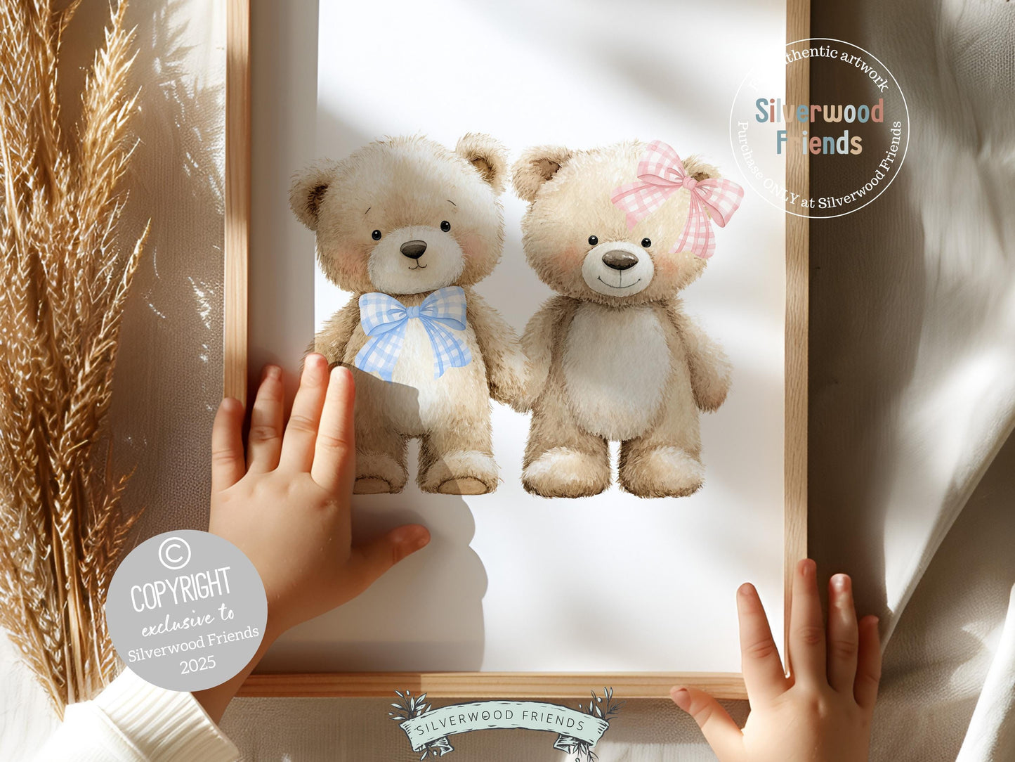 Teddy Bear Nursery Prints, Twin Sibling Woodland Teddy Bear Nursery Decor, Teddy Bear Twins Nursery Wall Art Neutral Nursery Digital Print