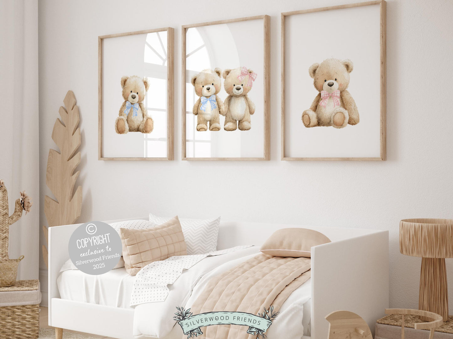 Our delightful minimalist Set of 3 Teddy Bear Nursery Prints features adorable brown twin teddy bears with blue and pink gingham bows. Perfect for your bear nursery decor or woodland nursery decor and also makes a unique baby shower gift for twins.