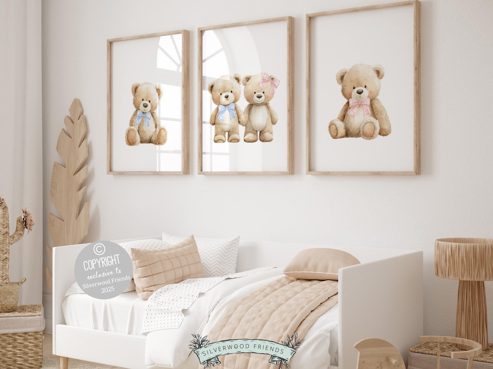 Our delightful minimalist Set of 3 Teddy Bear Nursery Prints features adorable brown twin teddy bears with blue and pink gingham bows. Perfect for your bear nursery decor or woodland nursery decor and also makes a unique baby shower gift for twins.