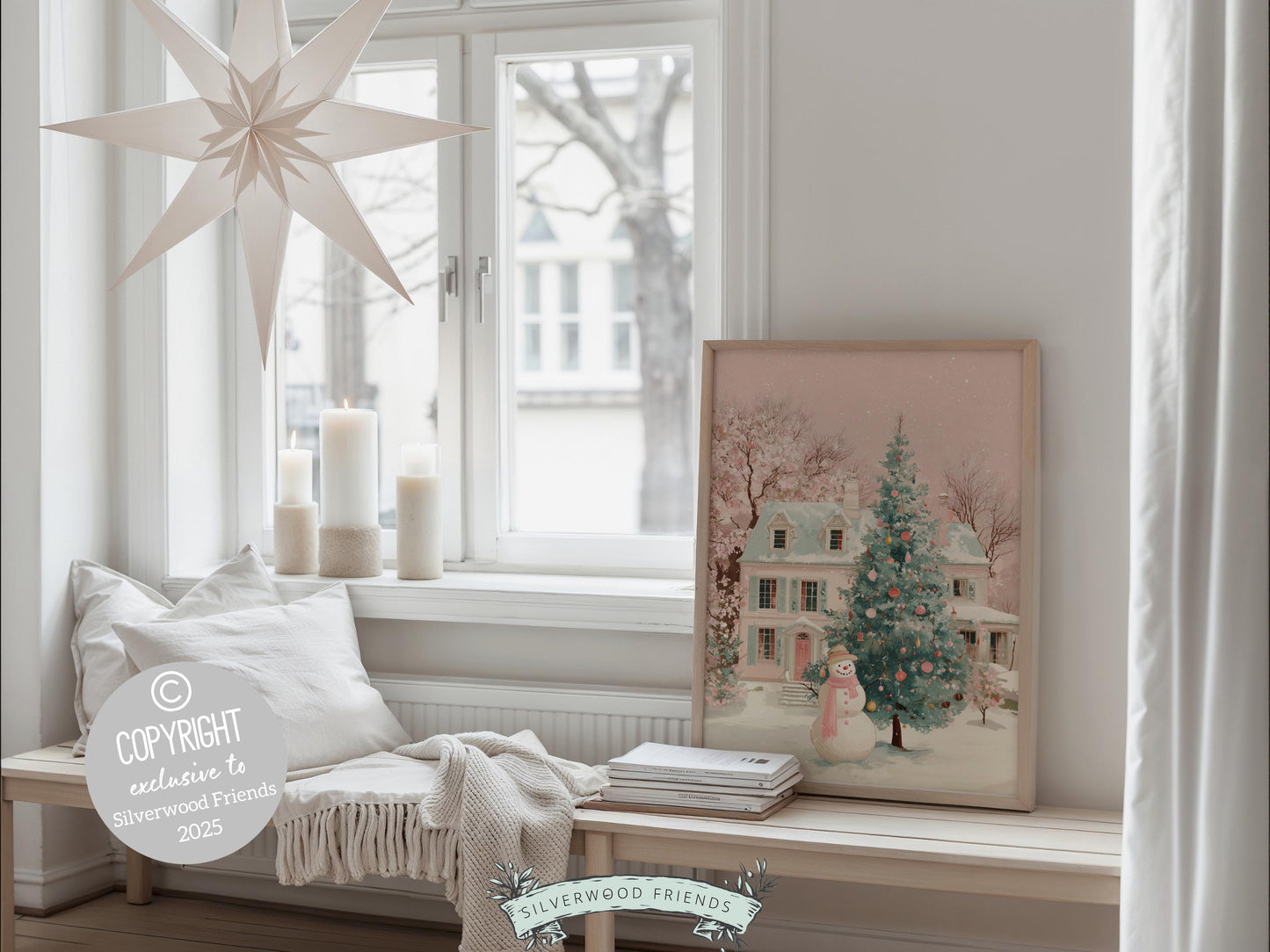 Pastel Snowman Christmas Print, Pink and Green Festive Holiday Printable Wall Art, Cottagecore Farmhouse Xmas Decor Digital Print