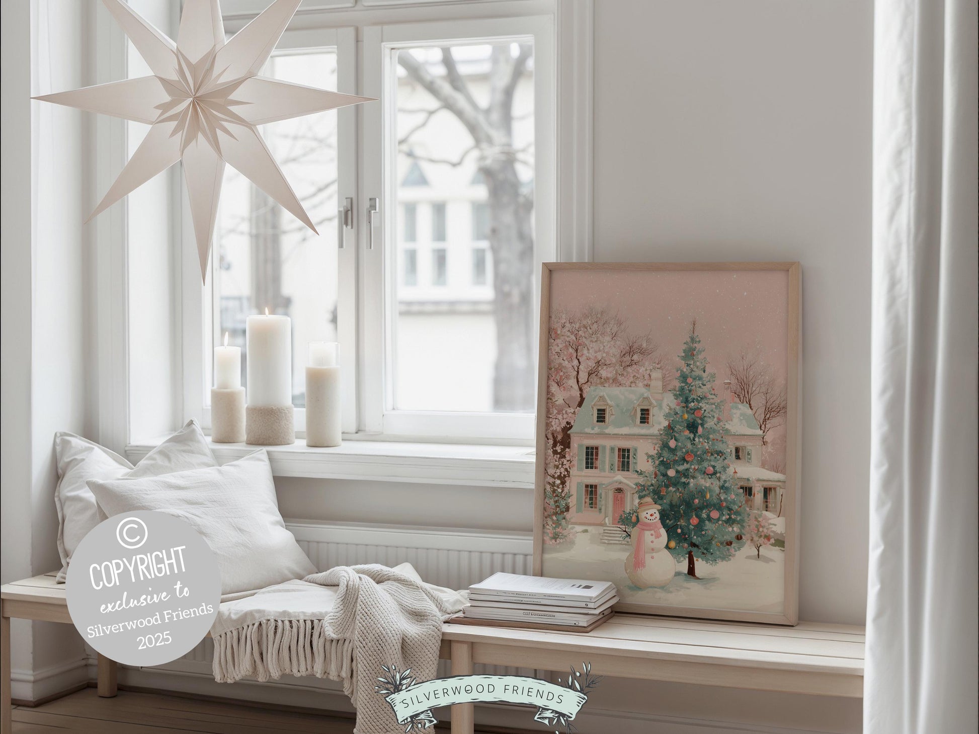 Pastel Snowman Christmas Print, Pink and Green Festive Holiday Printable Wall Art, Cottagecore Farmhouse Xmas Decor Digital Print