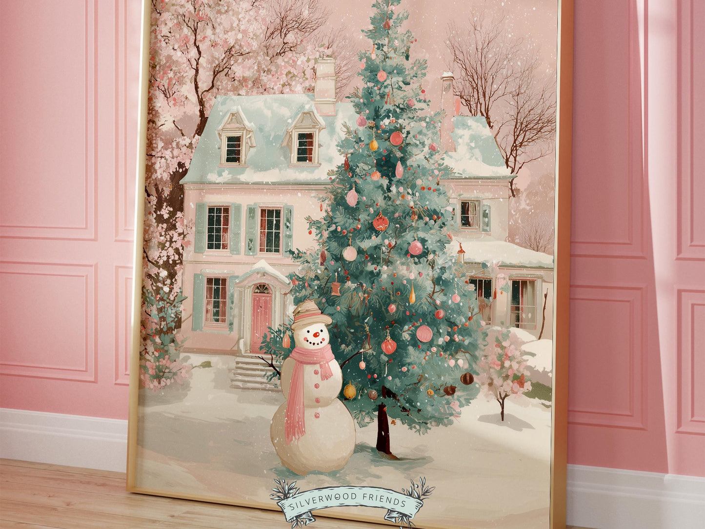 Pastel Snowman Christmas Print, Pink and Green Festive Holiday Printable Wall Art, Cottagecore Farmhouse Xmas Decor Digital Print