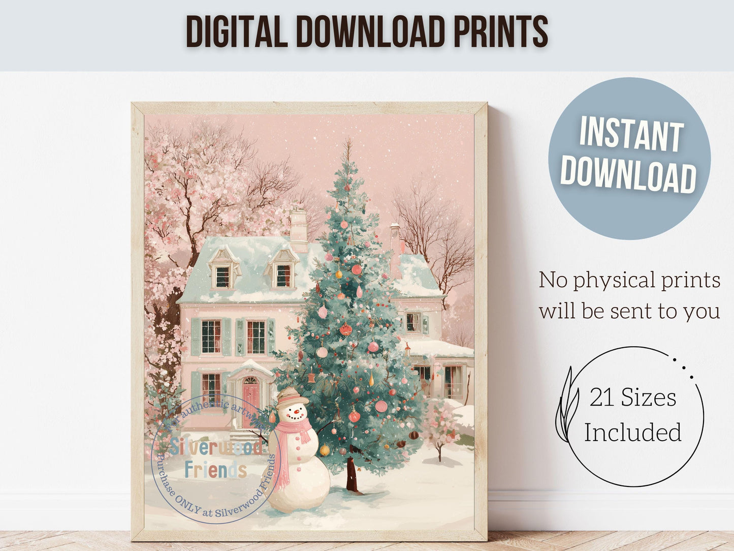 Pastel Snowman Christmas Print, Pink and Green Festive Holiday Printable Wall Art, Cottagecore Farmhouse Xmas Decor Digital Print