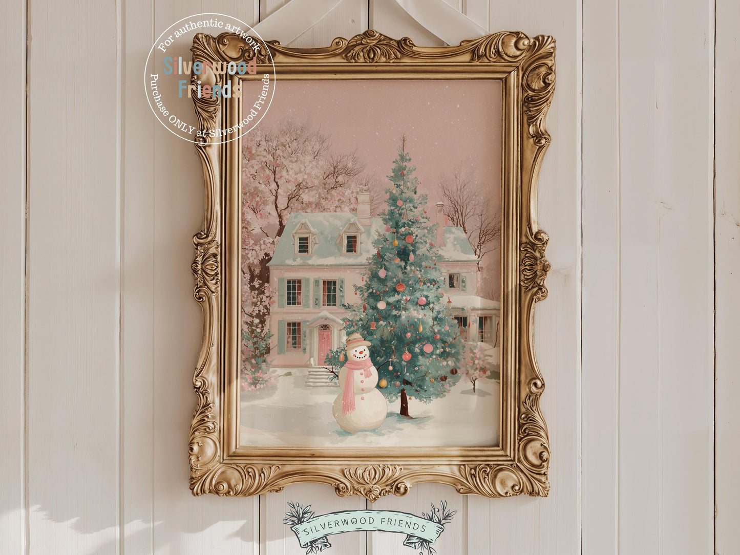 Pastel Snowman Christmas Print, Pink and Green Festive Holiday Printable Wall Art, Cottagecore Farmhouse Xmas Decor Digital Print