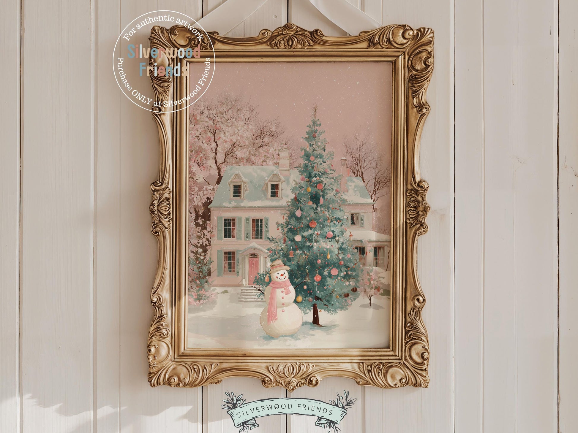 Pastel Snowman Christmas Print, Pink and Green Festive Holiday Printable Wall Art, Cottagecore Farmhouse Xmas Decor Digital Print
