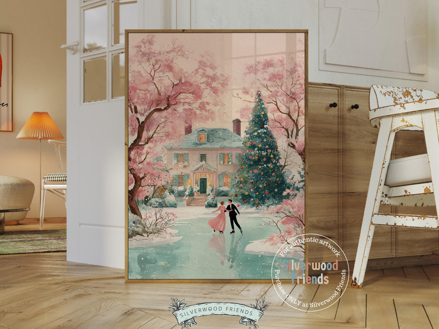 Pastel Ballerina Christmas Print, Pink and Green Christmas Ice Skating Printable Wall Art, Holiday Hosting Nutcracker Decor Digital Print