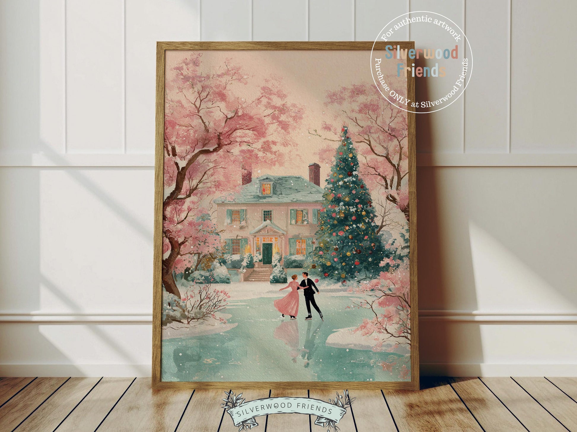 This romantic Christmas print features a pastel pink and green winter scene with a couple ice skating and dancing on a frozen lake before a beautiful snow-covered house and sparkling Christmas tree. With its soft watercolor tones and dreamy holiday atmosphere, it brings a touch of warmth, nostalgia, and festive elegance to any cozy home or nursery.
