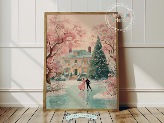 This romantic Christmas print features a pastel pink and green winter scene with a couple ice skating and dancing on a frozen lake before a beautiful snow-covered house and sparkling Christmas tree. With its soft watercolor tones and dreamy holiday atmosphere, it brings a touch of warmth, nostalgia, and festive elegance to any cozy home or nursery.