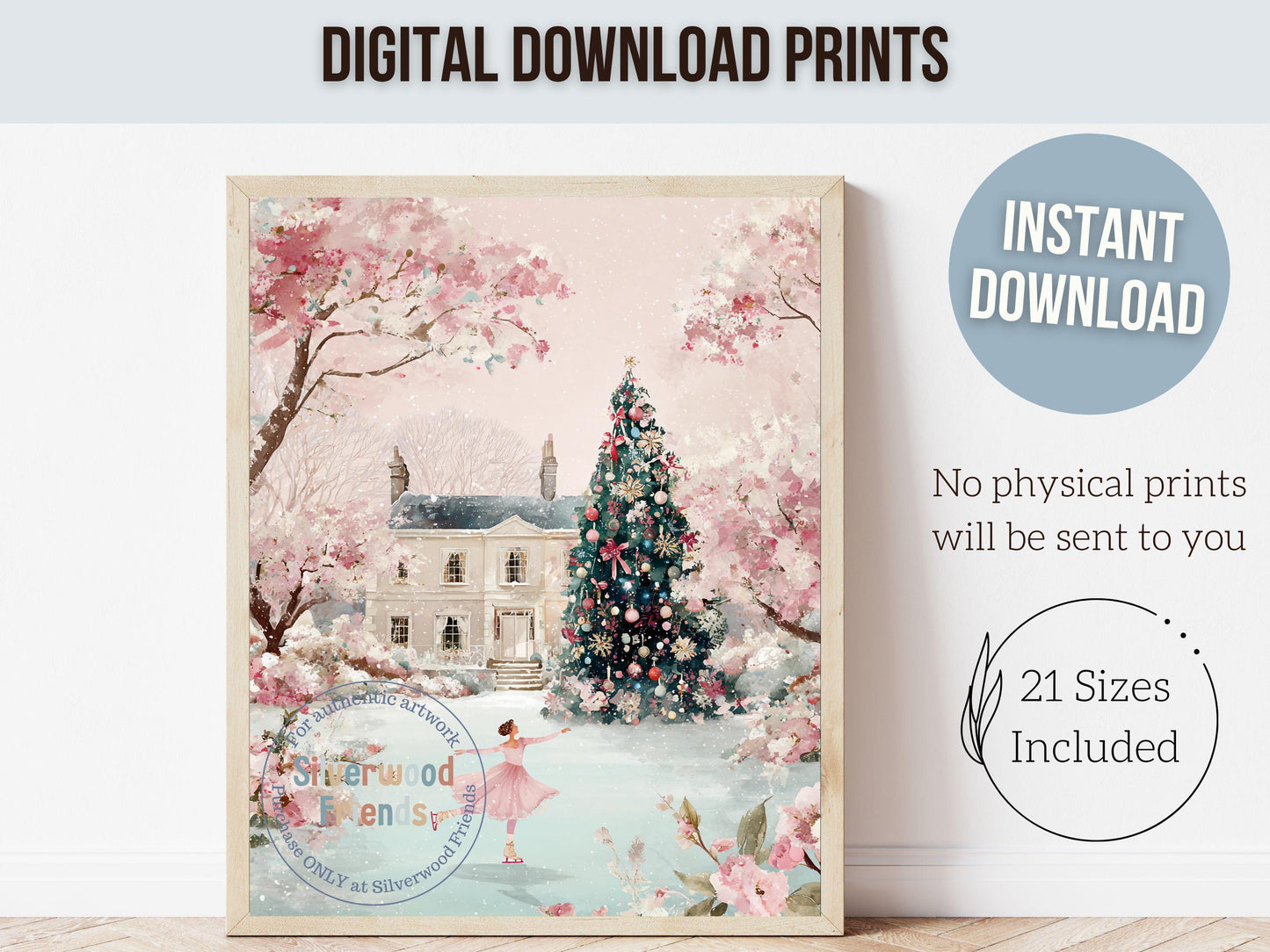 Pastel Figure Skating Christmas Print, Pink and Green Christmas Ice Skating Printable Wall Art, Holiday Hosting Decor Digital Print