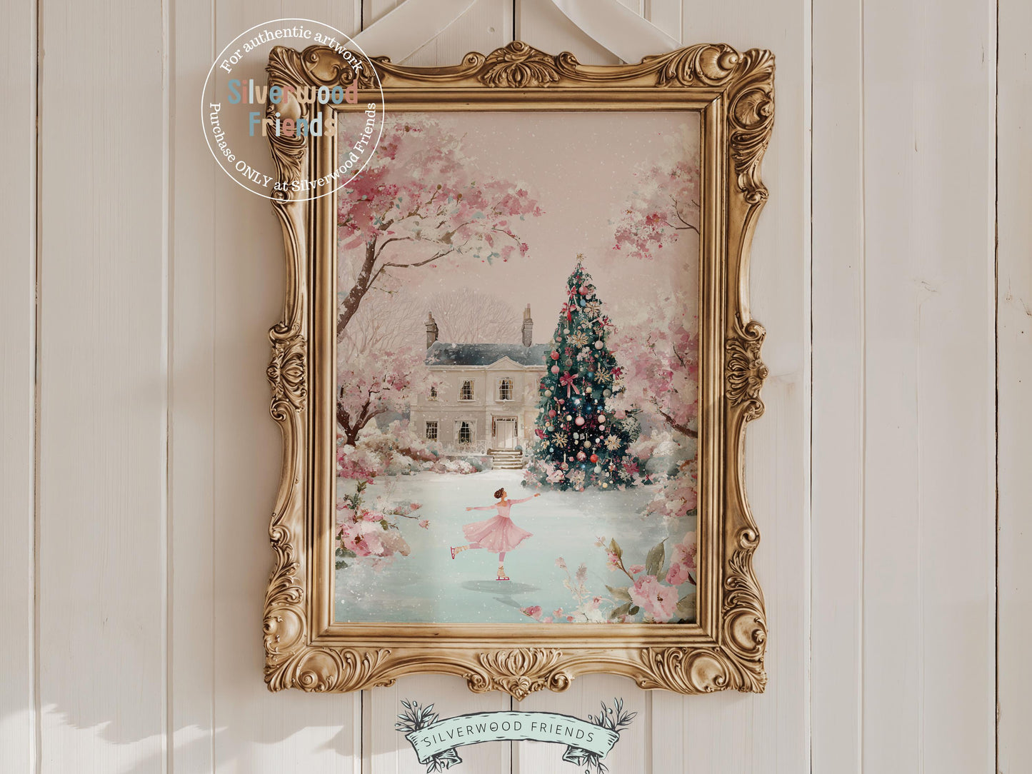 Pastel Figure Skating Christmas Print, Pink and Green Christmas Ice Skating Printable Wall Art, Holiday Hosting Decor Digital Print