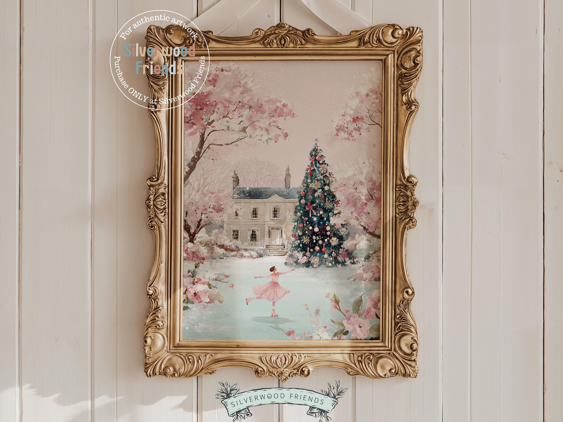 Pastel Figure Skating Christmas Print, Pink and Green Christmas Ice Skating Printable Wall Art, Holiday Hosting Decor Digital Print