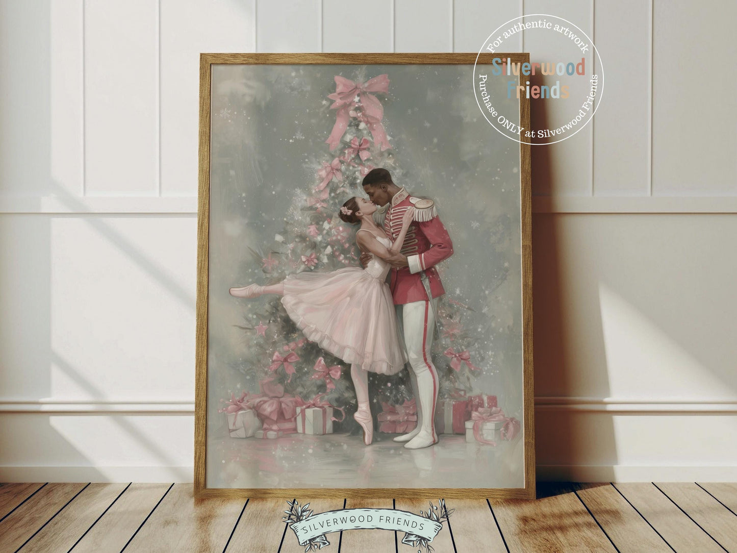 This enchanting Christmas ballet print captures a magical moment as a graceful ballerina dances with a Nutcracker soldier in front of a beautiful Christmas tree. The perfect gift for ballet lovers this print brings whimsical romance and festive charm to any space, making it delightful decor all year round!