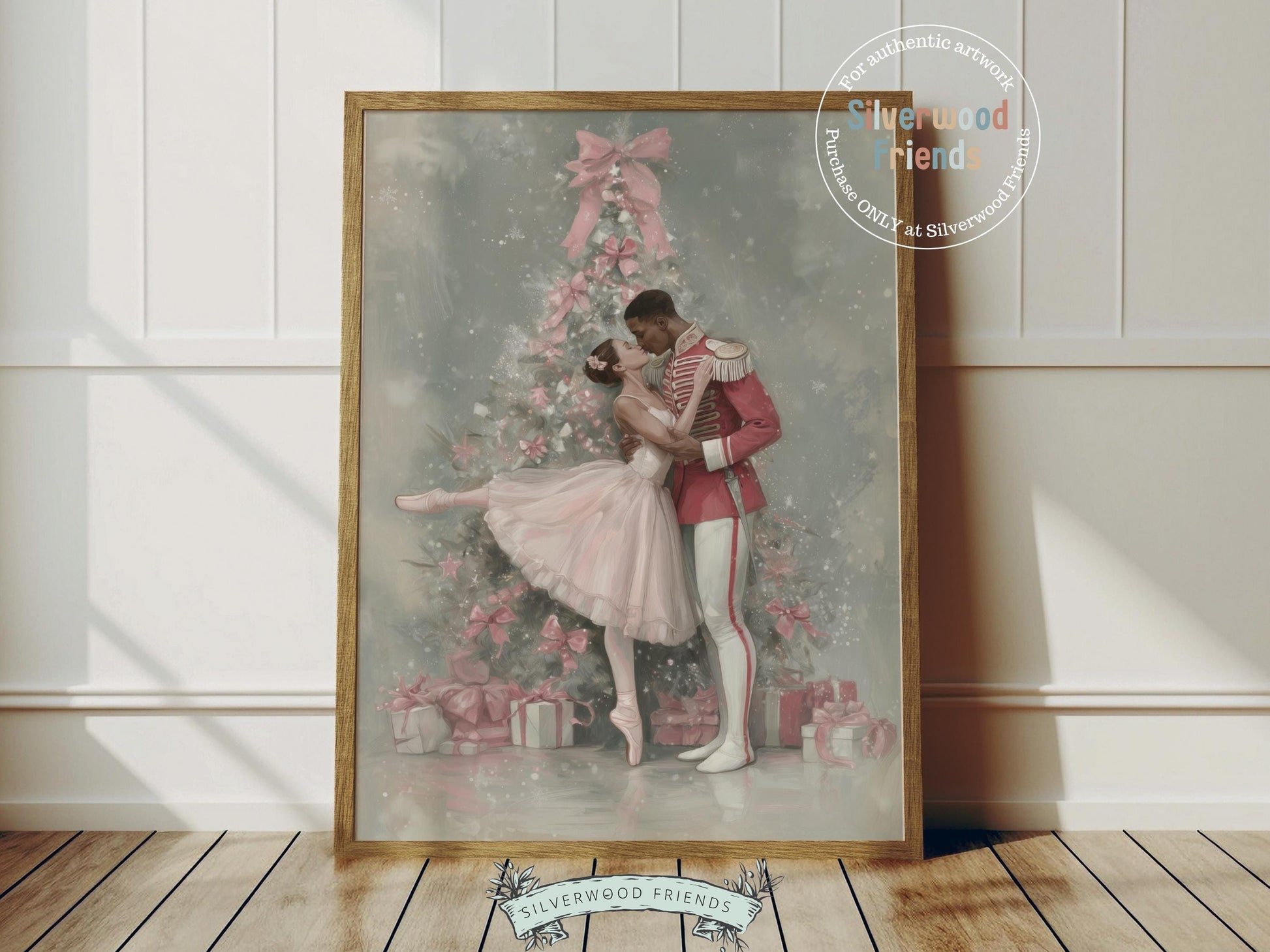 This enchanting Christmas ballet print captures a magical moment as a graceful ballerina dances with a Nutcracker soldier in front of a beautiful Christmas tree. The perfect gift for ballet lovers this print brings whimsical romance and festive charm to any space, making it delightful decor all year round!