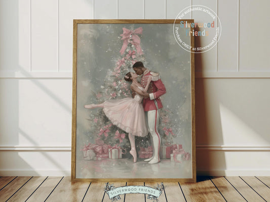 This enchanting Christmas ballet print captures a magical moment as a graceful ballerina dances with a Nutcracker soldier in front of a beautiful Christmas tree. The perfect gift for ballet lovers this print brings whimsical romance and festive charm to any space, making it delightful decor all year round!