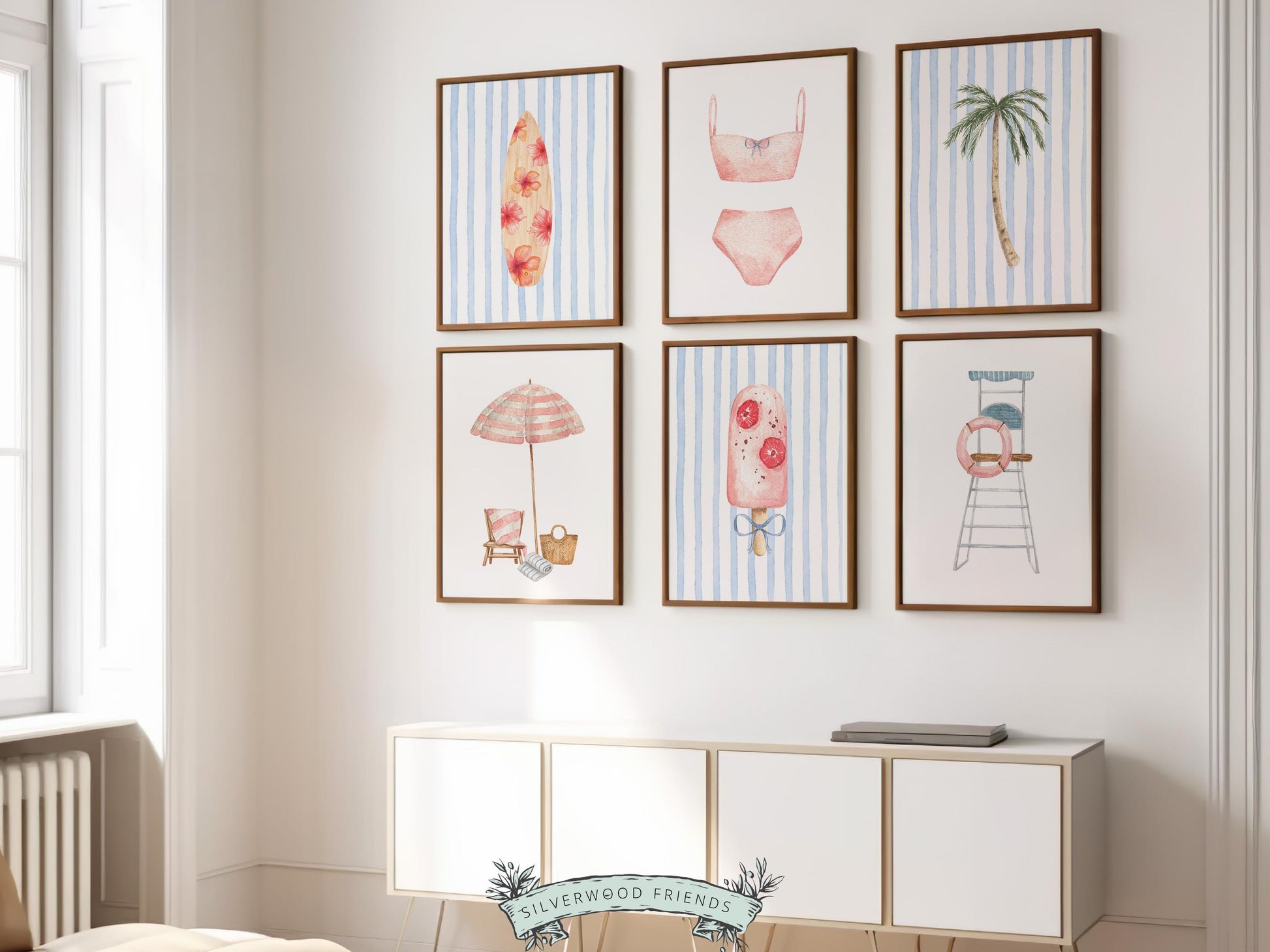 Coastal Nursery Prints, Beachy Surfboard Wall Art, Girls Surf Nursery Wall Art, Girly Beach House Surfing Room Decor Set of 6 Digital Prints