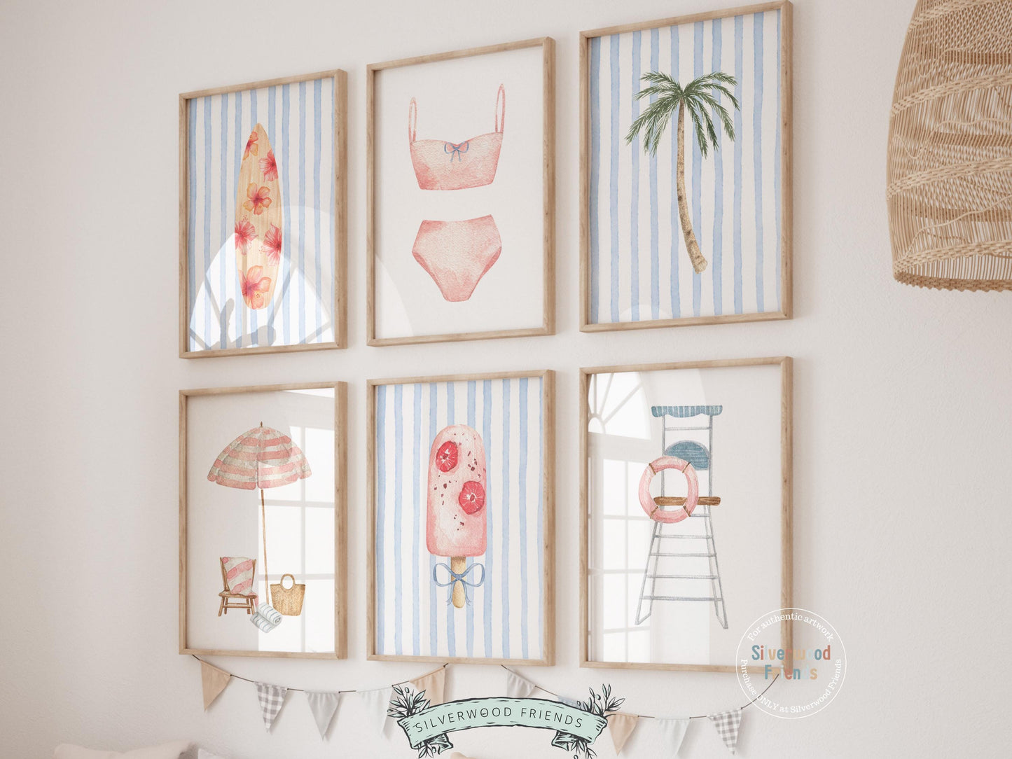 Enhance your decor with our versatile Set of 6 Coastal Prints featuring minimalist pink beachy designs, ideal for your beach house or girls' surfing room wall decor. Our charming prints also make a thoughtful and unique beachy baby shower gift, adding a serene coastal touch to any space.