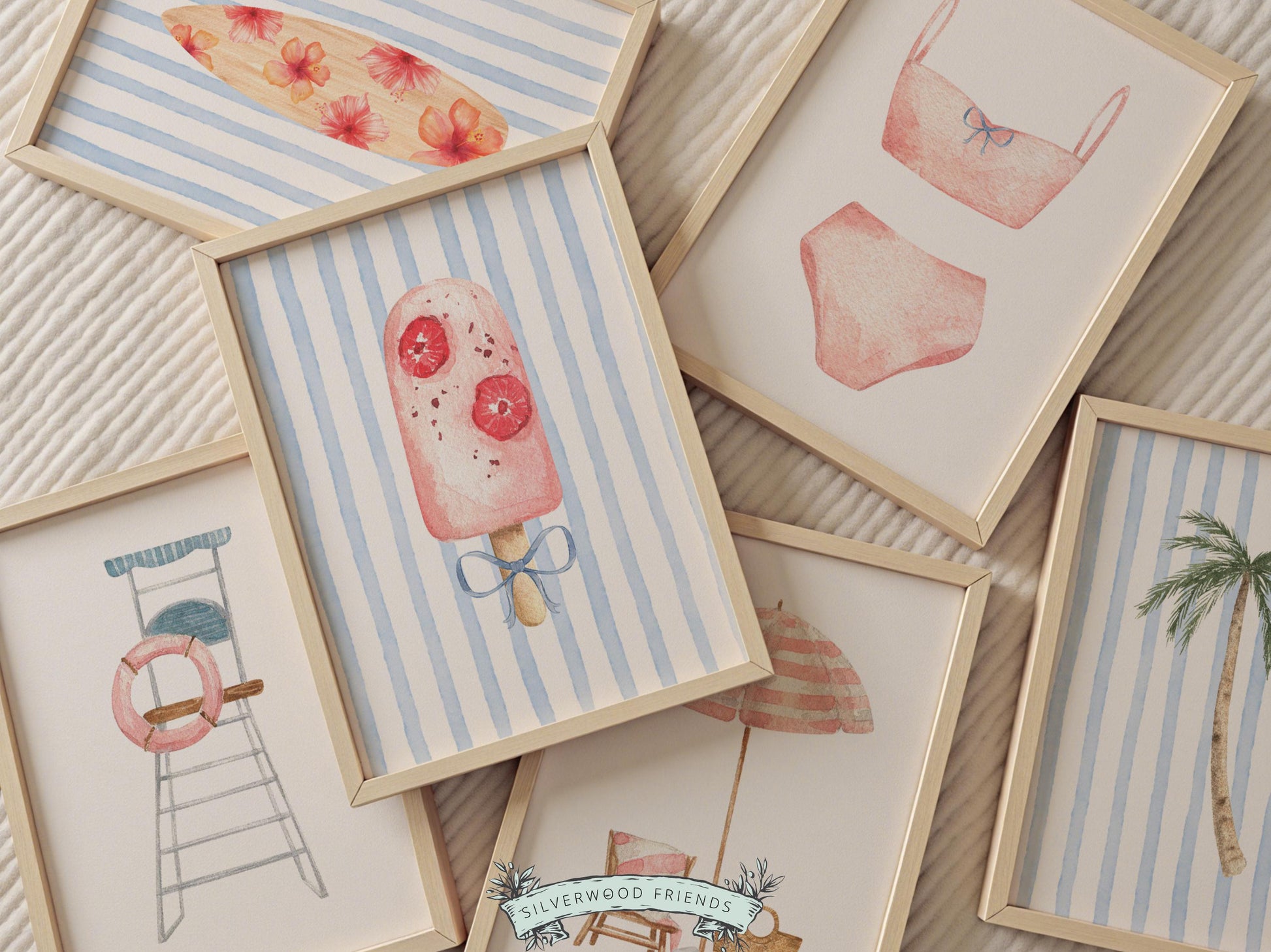 Coastal Nursery Prints, Beachy Surfboard Wall Art, Girls Surf Nursery Wall Art, Girly Beach House Surfing Room Decor Set of 6 Digital Prints