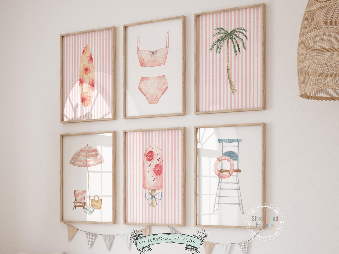 Enhance your decor with our versatile Set of 6 Coastal Prints featuring minimalist pink beachy designs, ideal for your beach house or girls' surfing room wall decor. Our charming prints also make a thoughtful and unique beachy baby shower gift, adding a serene coastal touch to any space.