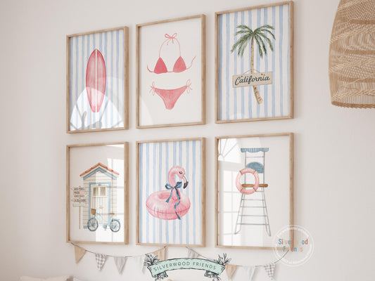Enhance your decor with our versatile Set of 6 Coastal Beach Prints featuring minimalist pink beachy designs, ideal for your beach house or girls' surfing room wall decor. Our charming prints also make a thoughtful and unique beachy baby shower gift, adding a serene coastal touch to any space.