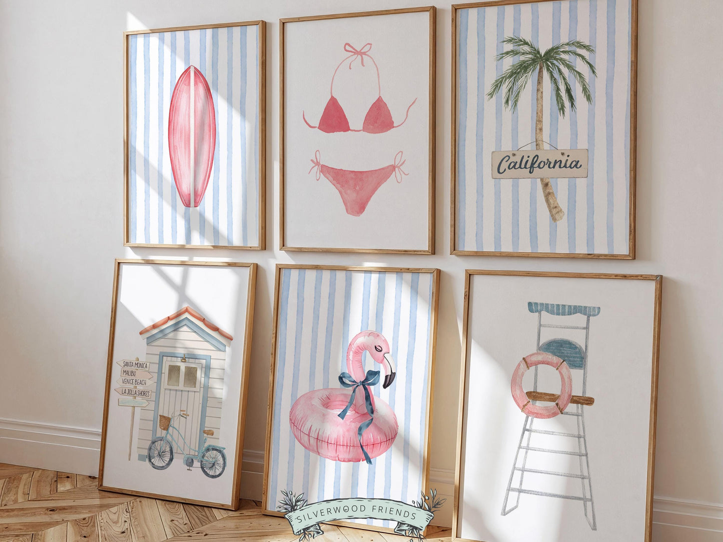 Coastal Beach Nursery Prints, Surfing Beach House Decor, Flamingo Surfboard Bikini Palm Tree Wall Art Set of 6 Digital Download Print