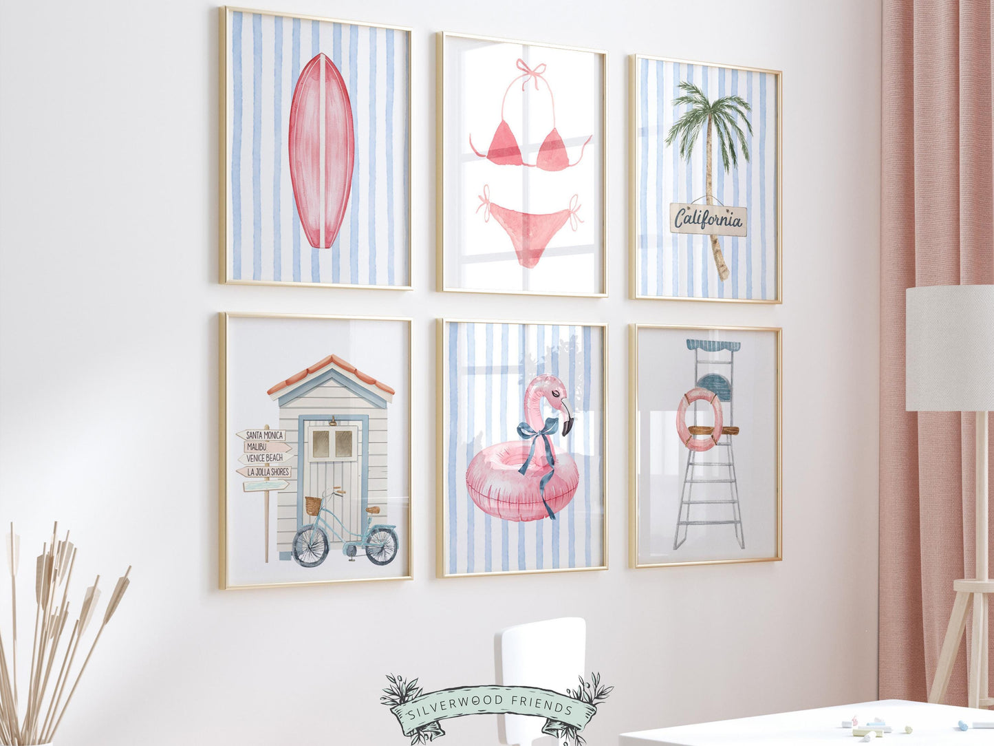 Coastal Beach Nursery Prints, Surfing Beach House Decor, Flamingo Surfboard Bikini Palm Tree Wall Art Set of 6 Digital Download Print