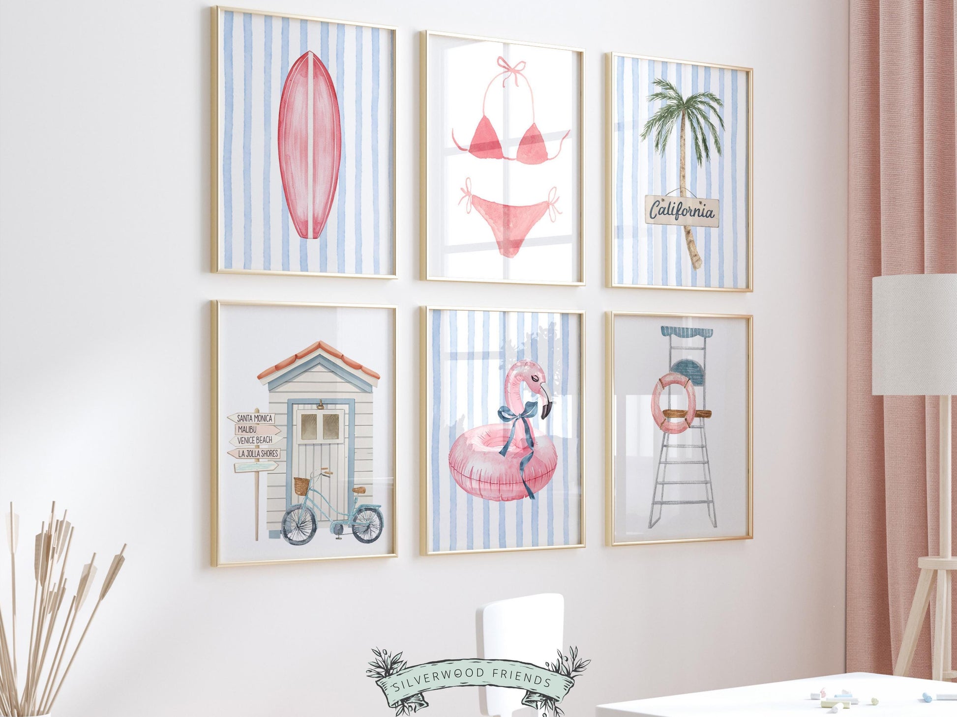 Coastal Beach Nursery Prints, Surfing Beach House Decor, Flamingo Surfboard Bikini Palm Tree Wall Art Set of 6 Digital Download Print
