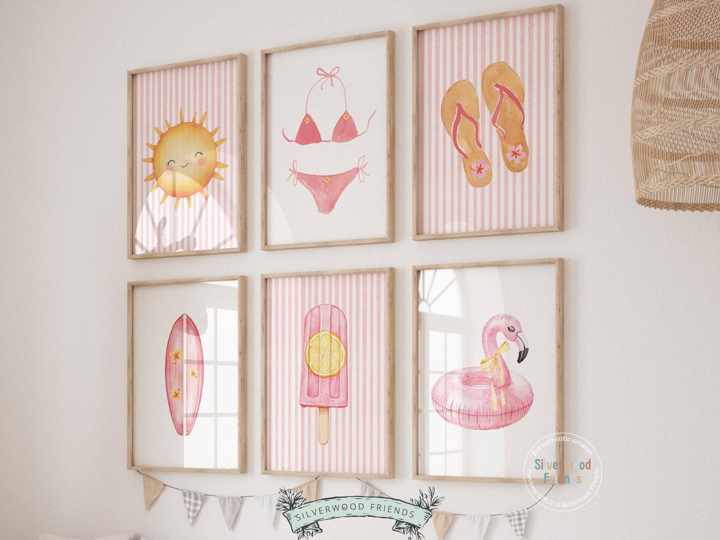Enhance your decor with our versatile Set of 6 Coastal Prints featuring minimalist pink and yellow beachy designs, ideal for your beach house or girls' surfing room wall decor. Our charming prints also make a thoughtful and unique beachy baby shower gift, adding a serene coastal touch to any space.