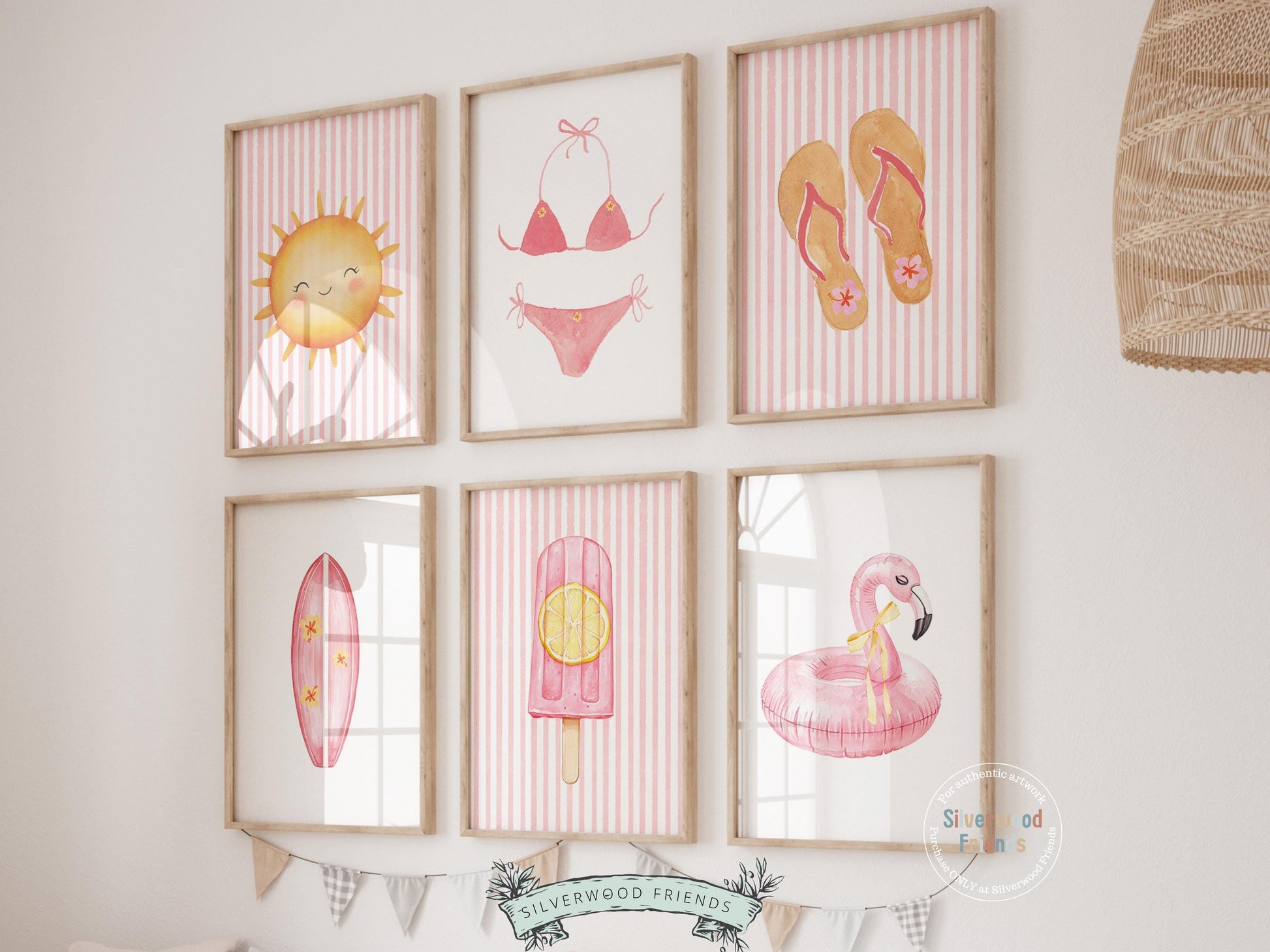 Enhance your decor with our versatile Set of 6 Coastal Prints featuring minimalist pink and yellow beachy designs, ideal for your beach house or girls' surfing room wall decor. Our charming prints also make a thoughtful and unique beachy baby shower gift, adding a serene coastal touch to any space.