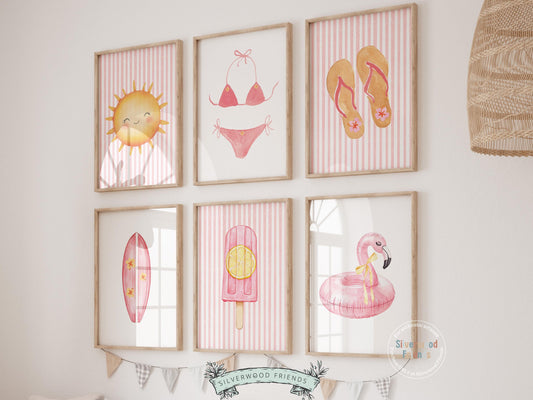 Enhance your decor with our versatile Set of 6 Coastal Prints featuring minimalist pink and yellow beachy designs, ideal for your beach house or girls' surfing room wall decor. Our charming prints also make a thoughtful and unique beachy baby shower gift, adding a serene coastal touch to any space.