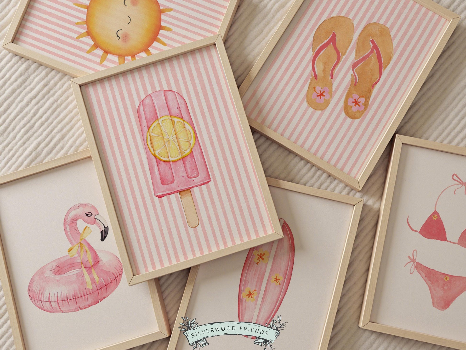 Pink Beach Nursery Prints, Girls Beach House Room Decor, Flamingo Surfboard Bikini - Summer Wall Art Set of 6 Digital Print