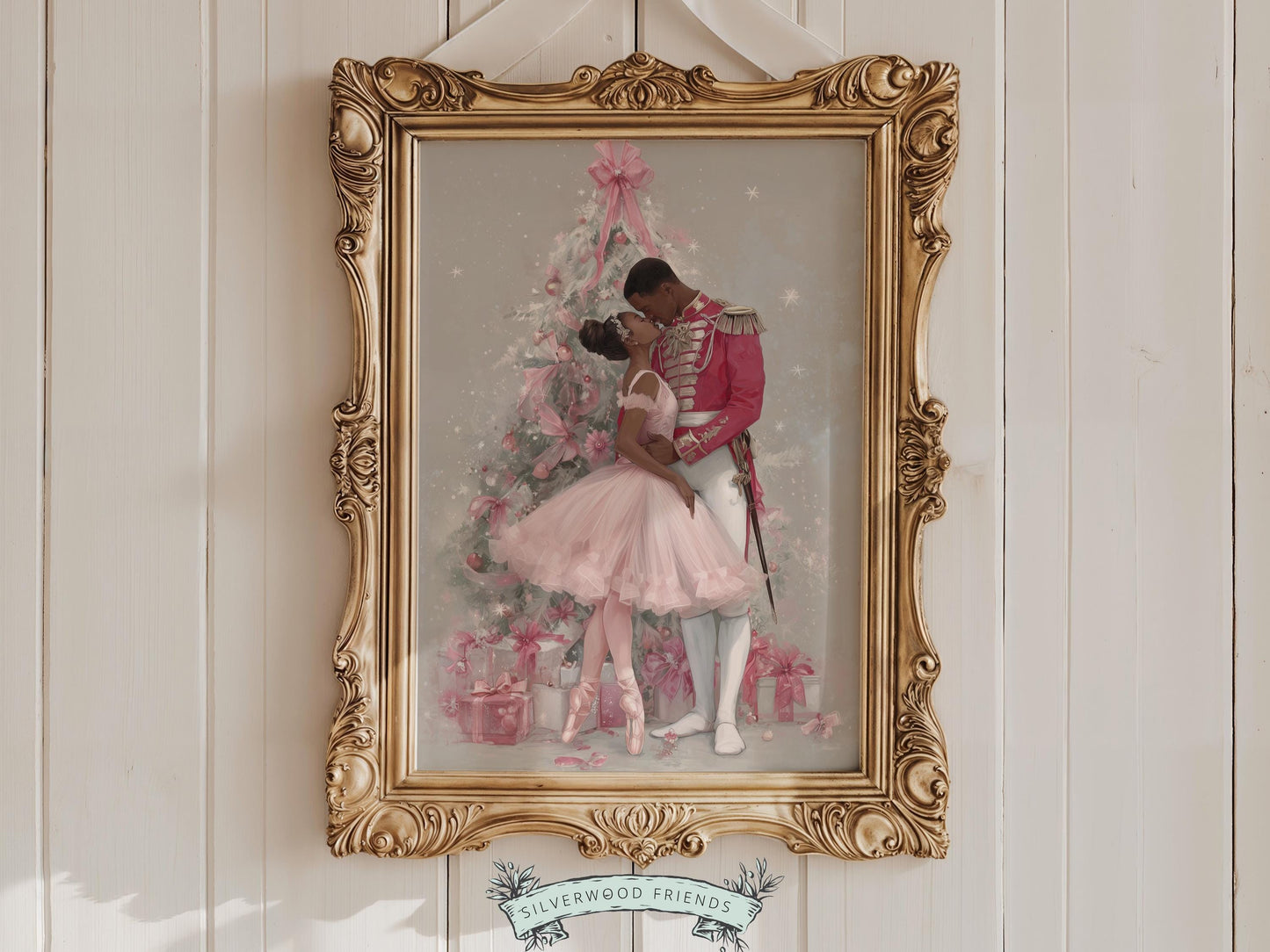This enchanting Christmas ballet print captures a magical moment as a graceful African American ballerina dances with a Nutcracker soldier in front of a beautiful Christmas tree. The perfect gift for ballet lovers this print brings whimsical romance and festive charm to any space, making it delightful decor all year round!