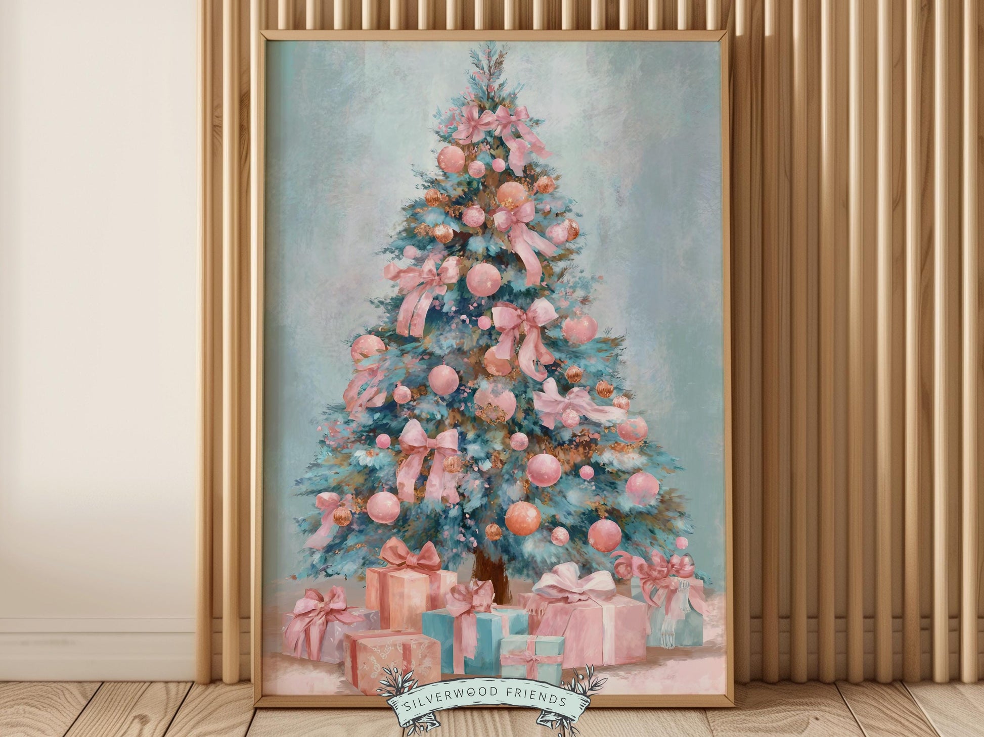 Pastel Pink and Blue Christmas Tree Print, Festive Home Decor Printable Wall Art, Holiday Hosting Decorations, Digital Download Print