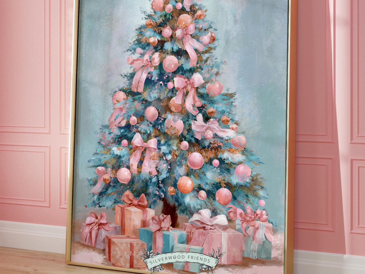 Pastel Pink and Blue Christmas Tree Print, Festive Home Decor Printable Wall Art, Holiday Hosting Decorations, Digital Download Print